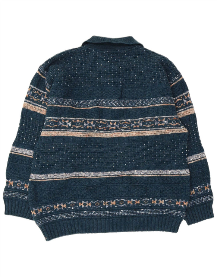 North Pole Mens Polo Neck Jumper Sweater Medium Blue Fair Isle Wool