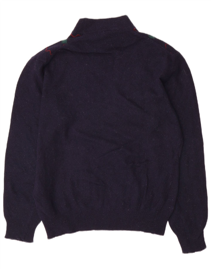 Vintage Mens Turtle Neck Jumper Sweater Medium Navy Blue Argyle/Diamond