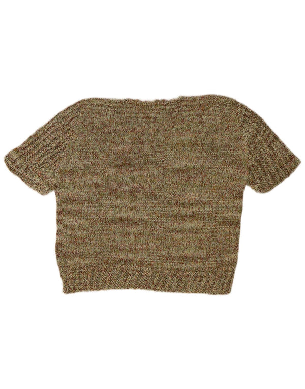 Vintage Womens Crop V-Neck Jumper Sweater UK 14 Medium Khaki Flecked