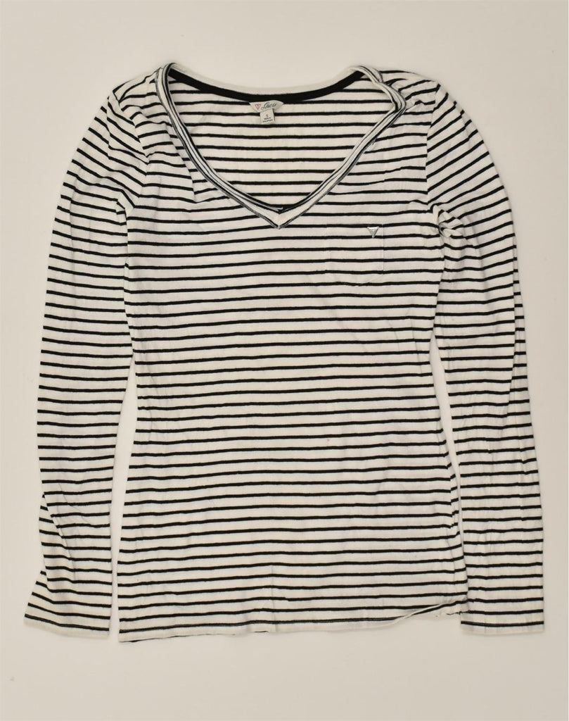 GUESS Womens Top Long Sleeve UK 8 Small White Striped Cotton | Vintage Guess | Thrift | Second-Hand Guess | Used Clothing | Messina Hembry 