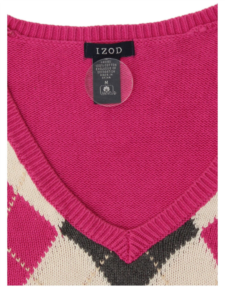 Izod Womens V-Neck Jumper Sweater Medium Pink Argyle/Diamond Cotton