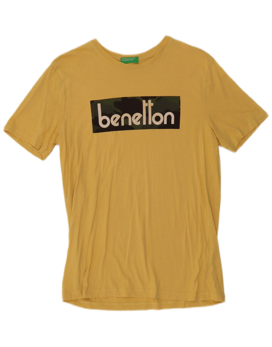 Benetton Mens Graphic T-Shirt Top Medium Yellow Cotton