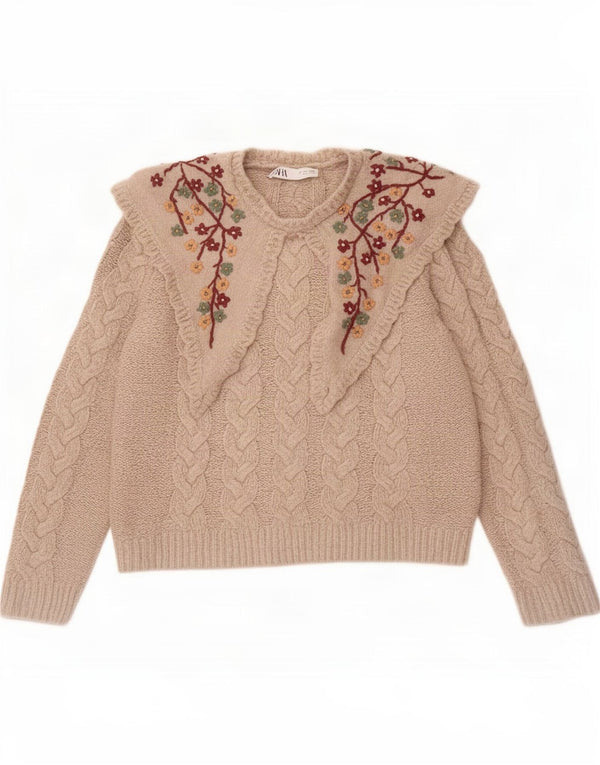 Zara Womens Crew Neck Jumper Sweater UK 14 Large Beige Floral