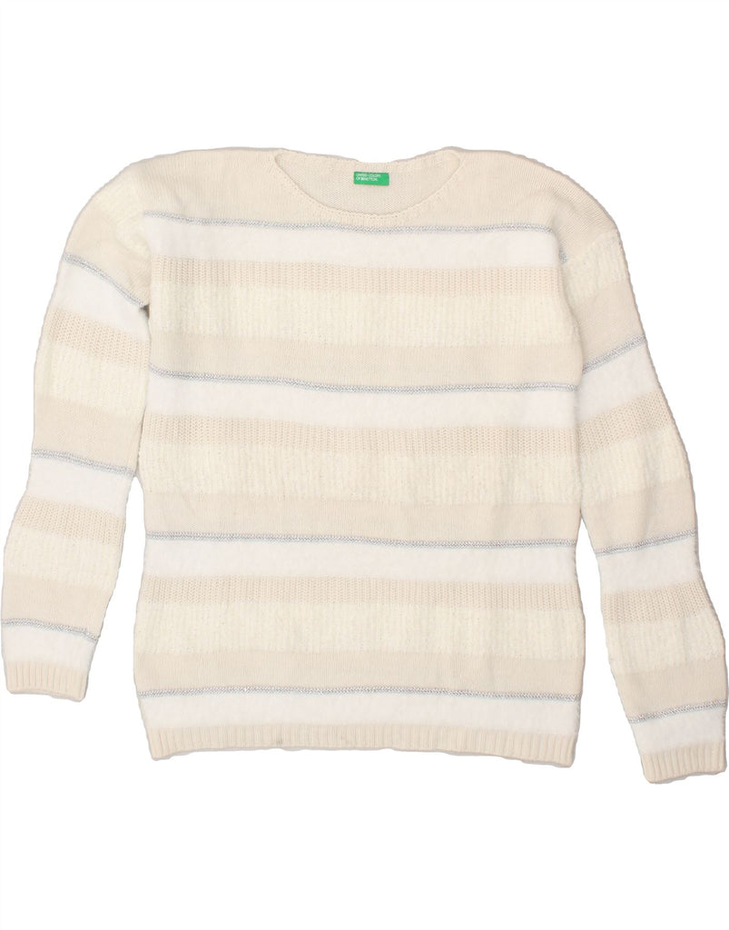 BENETTON Womens Crew Neck Jumper Sweater UK 14 Large Beige Striped Vintage Benetton and Second-Hand Benetton from Messina Hembry 