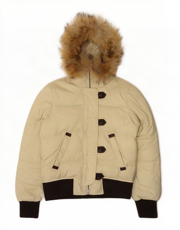 Sergio Tacchini Womens Hooded Padded Jacket IT 42 Medium Beige Colourblock