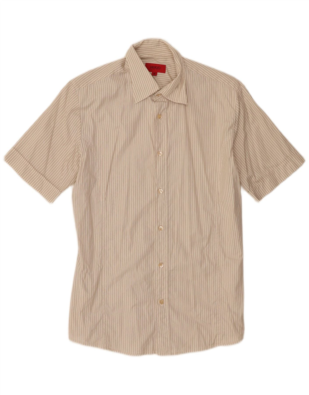 Hugo Boss Mens Short Sleeve Shirt Medium Beige Striped Cotton