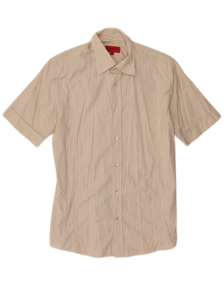 Hugo Boss Mens Short Sleeve Shirt Medium Beige Striped Cotton