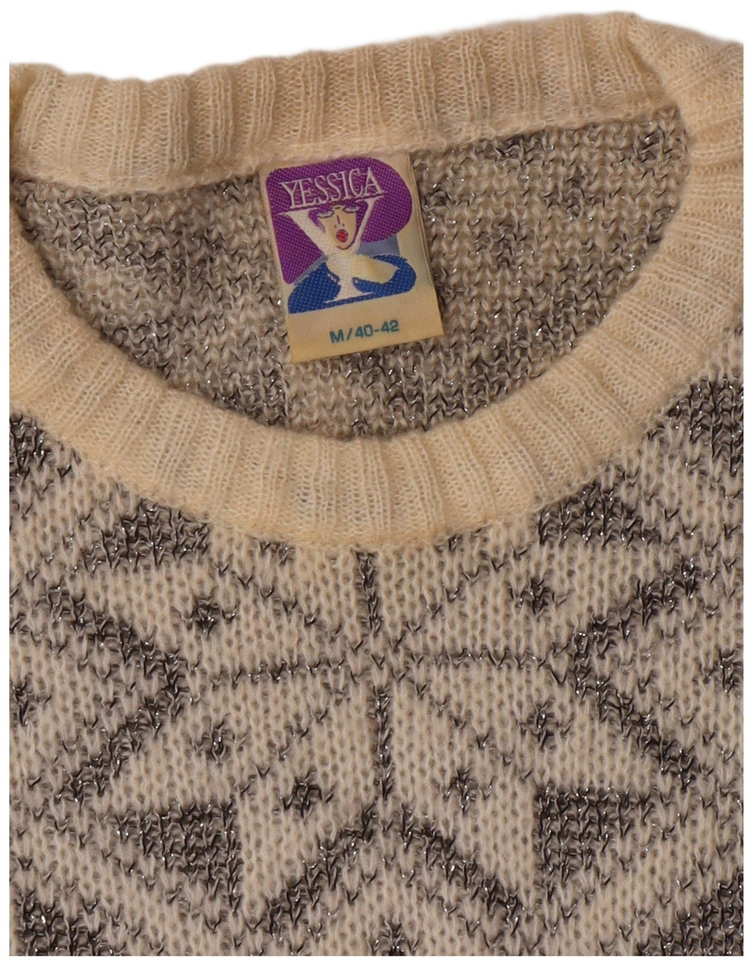 YESSICA Womens Crew Neck Jumper Sweater EU 40 Medium Off White Fair Isle