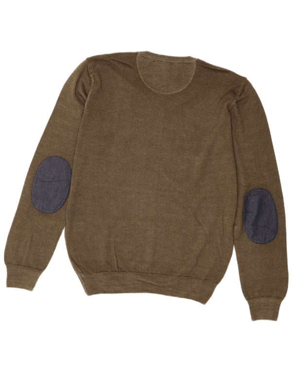 Trussardi Jeans Mens Regular Fit V-Neck Jumper Sweater Small Khaki Flecked