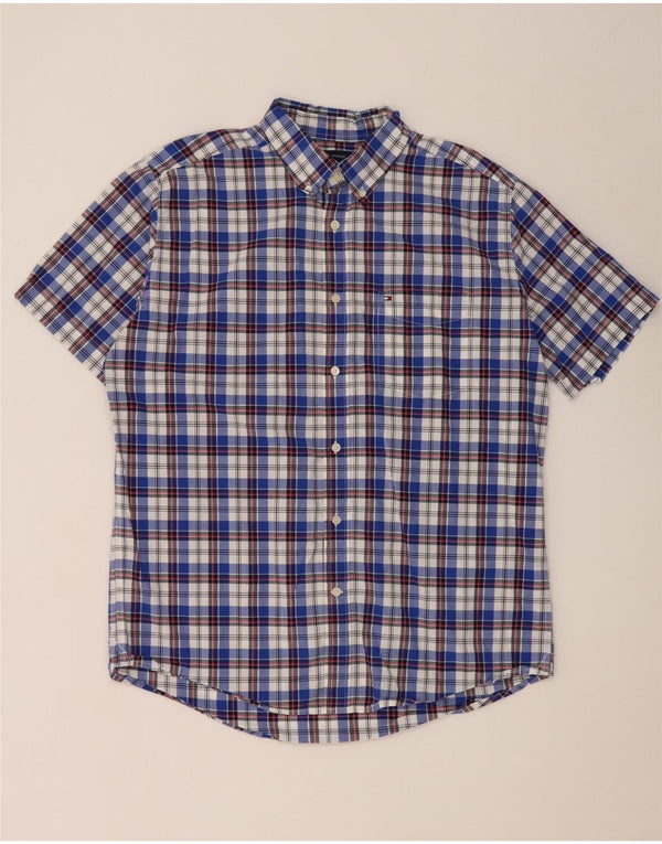 Tommy Hilfiger Mens Short Sleeve Classic Fit Shirt Large Blue Check Cotton