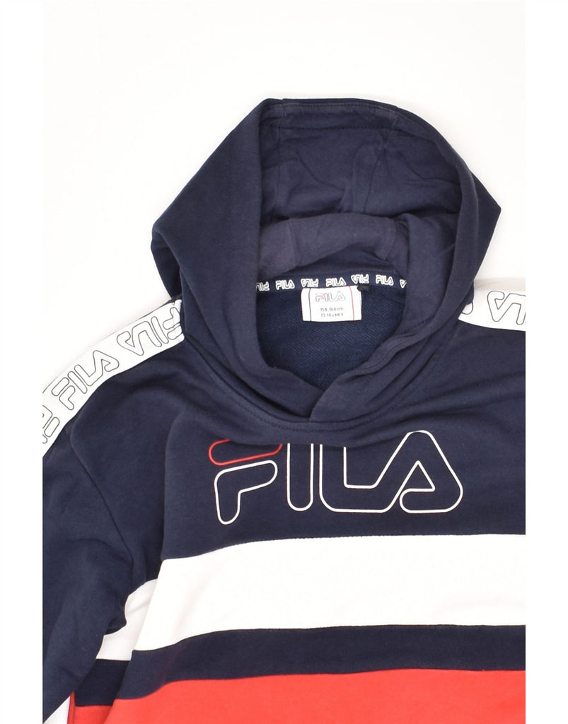 FILA Boys Graphic Hoodie Jumper 13-14 Years Navy Blue Colourblock | Vintage Fila | Thrift | Second-Hand Fila | Used Clothing | Messina Hembry 