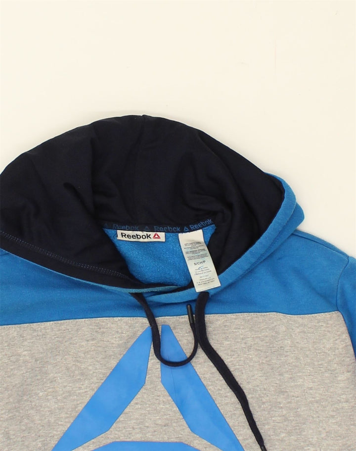 REEBOK Mens Graphic Hoodie Jumper Small Blue Colourblock Cotton | Vintage Reebok | Thrift | Second-Hand Reebok | Used Clothing | Messina Hembry 