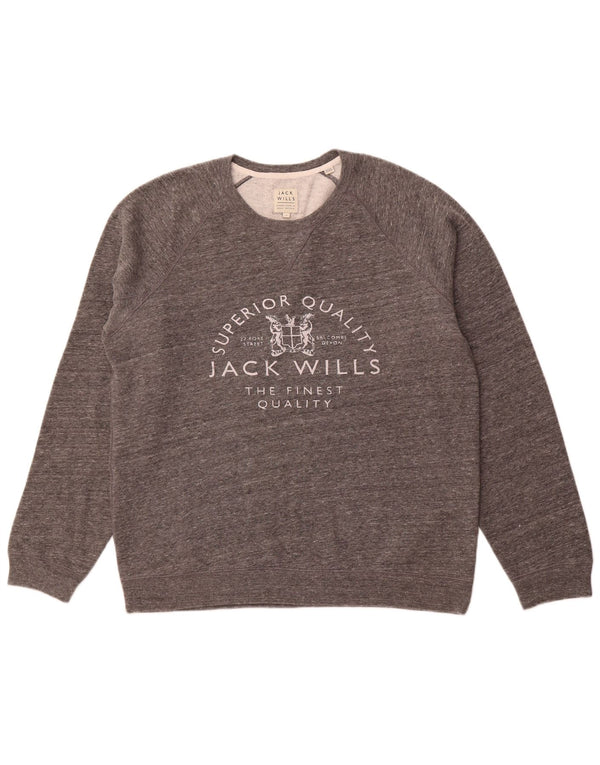 JACK WILLS Mens Graphic Crew Neck Jumper Sweater XL Grey Flecked Cotton