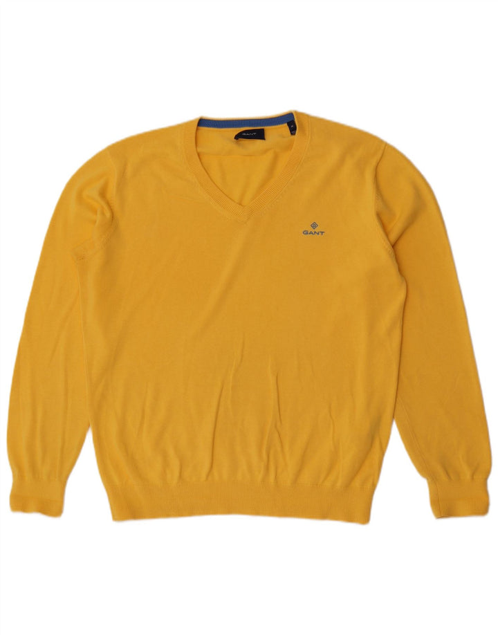 Gant Mens V-Neck Jumper Sweater Medium Yellow Cotton