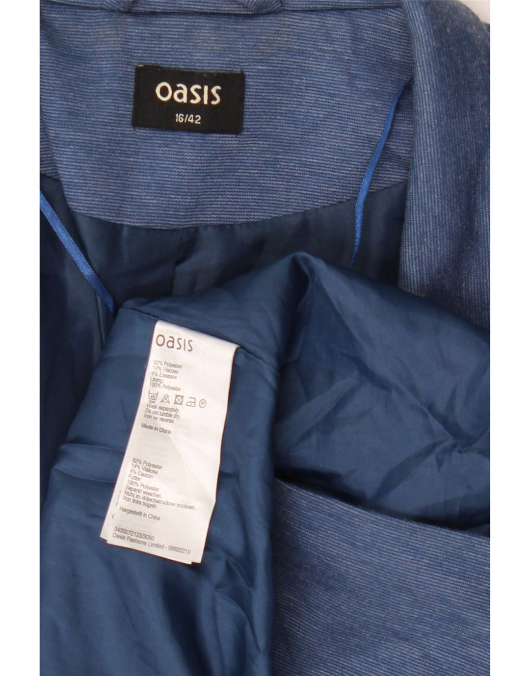 OASIS Womens Open Blazer Jacket UK 16 Large Blue Pinstripe Polyester Vintage Oasis and Second-Hand Oasis from Messina Hembry 