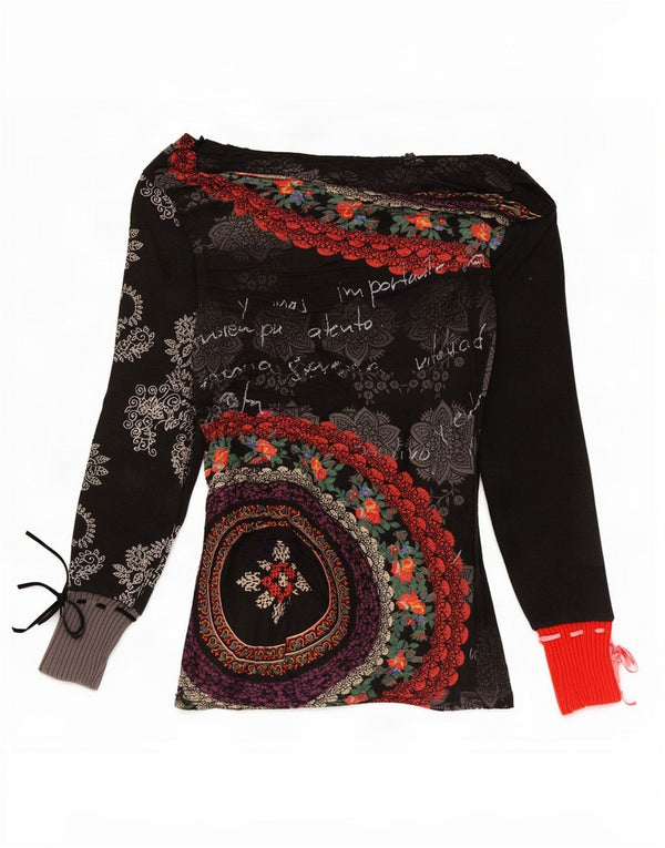 Desigual Womens Graphic Top Long Sleeve UK 8 Small Black Floral Cotton