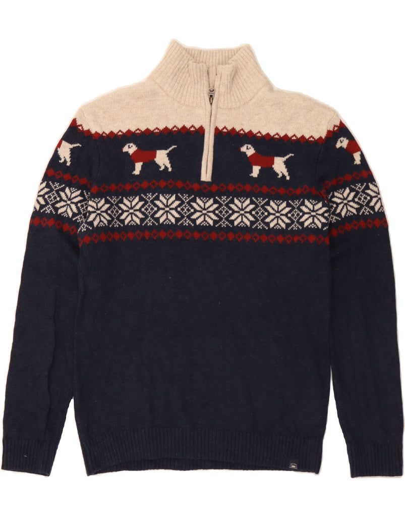 FAT FACE Mens Zip Neck Jumper Sweater Small Navy Blue Fair Isle Cotton Vintage Fat Face and Second-Hand Fat Face from Messina Hembry 