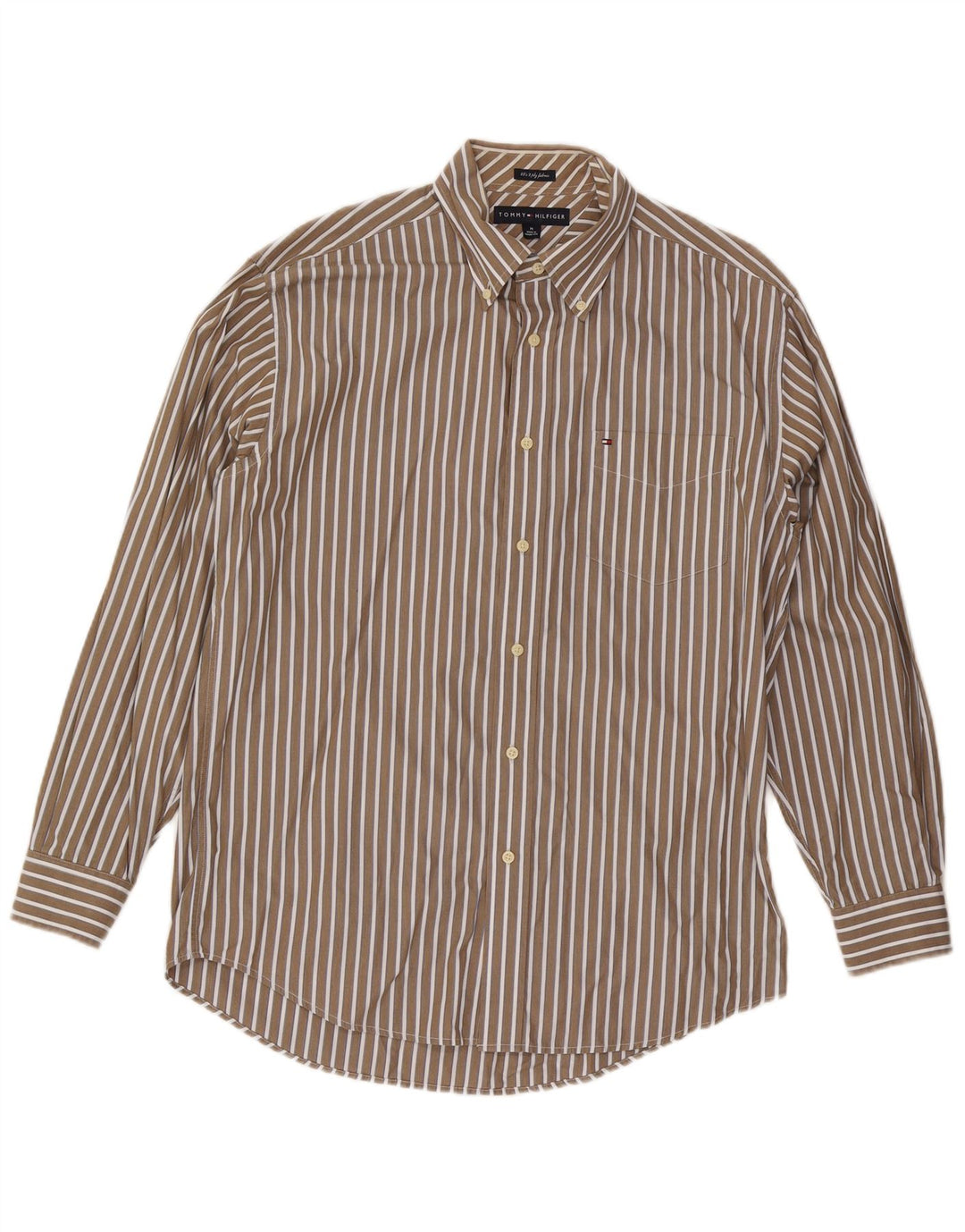 Tommy Hilfiger Mens Shirt Medium Beige Striped Cotton