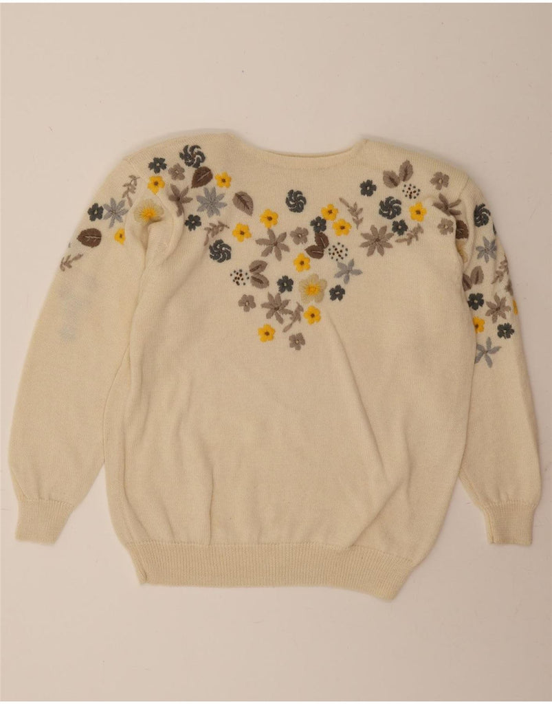 LOUIS LONDON Womens Crew Neck Jumper Sweater UK 18 XL Beige Floral Wool Vintage Louis London and Second-Hand Louis London from Messina Hembry 