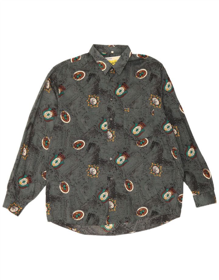 VINTAGE Mens Abstract Pattern Shirt Large Grey Viscose