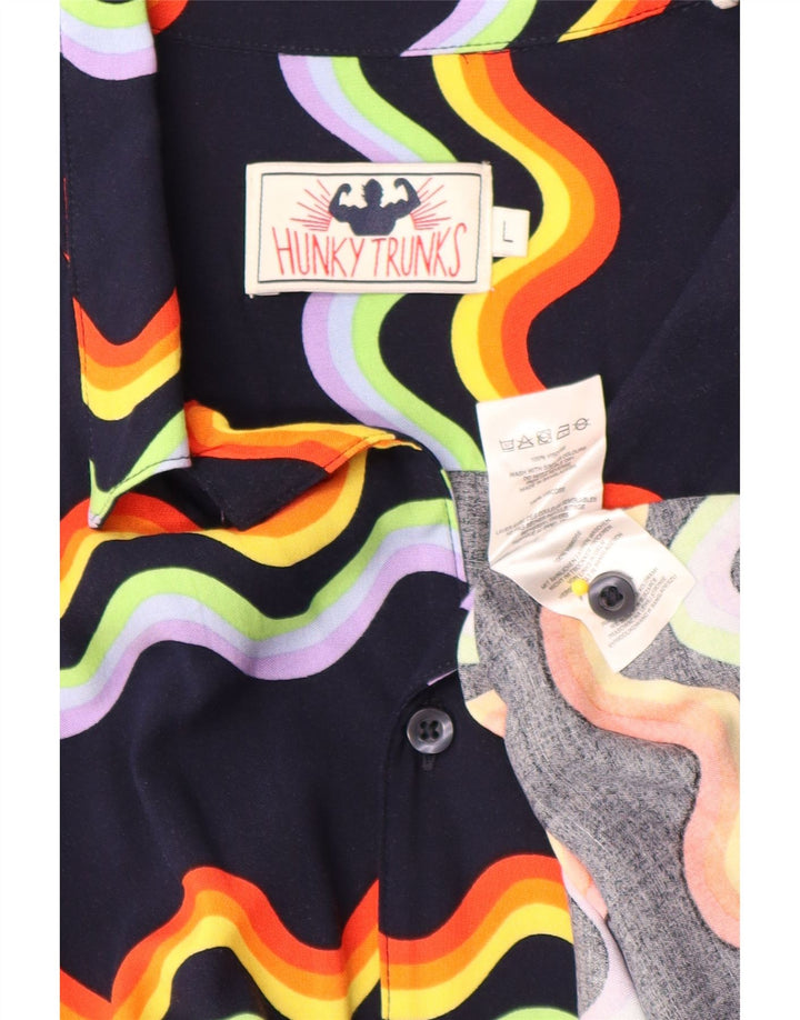 Vintage Mens Short Sleeve Shirt Large Navy Blue Chevron Viscose