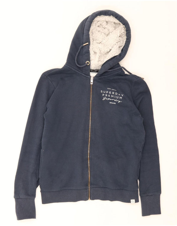 Superdry Womens Graphic Zip Hoodie Sweater UK 14 Large Navy Blue Cotton
