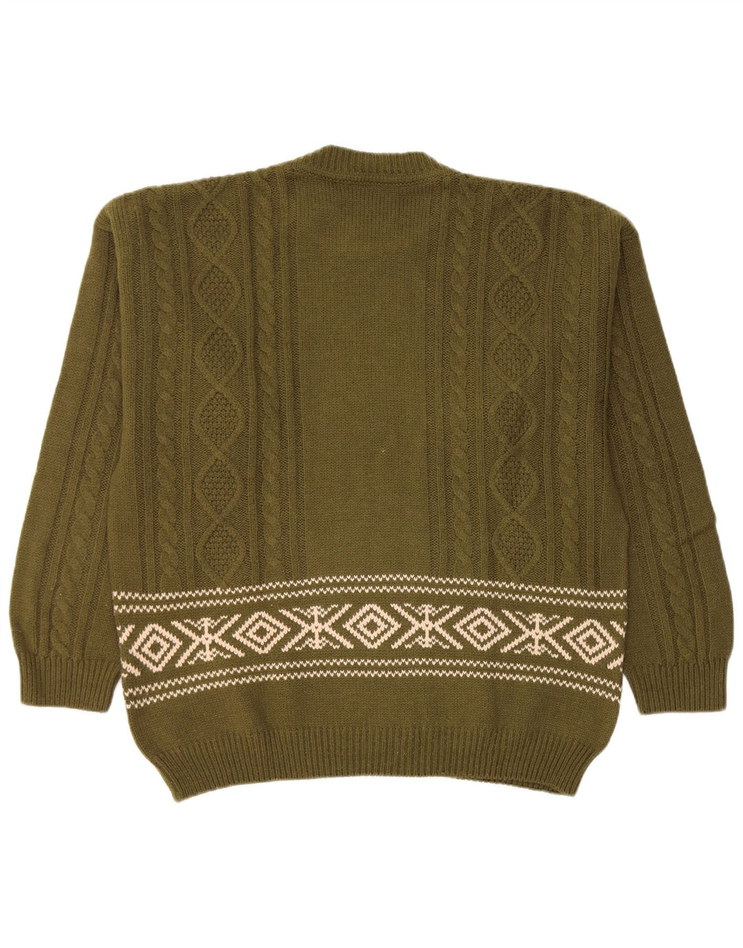 Lemon Mens Crew Neck Jumper Sweater XL Khaki Fair Isle Wool