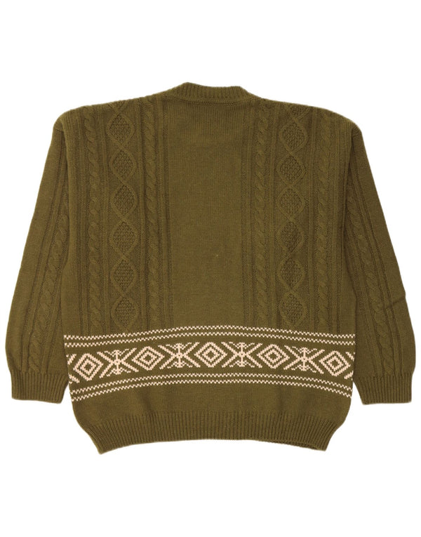 Lemon Mens Crew Neck Jumper Sweater XL Khaki Fair Isle Wool