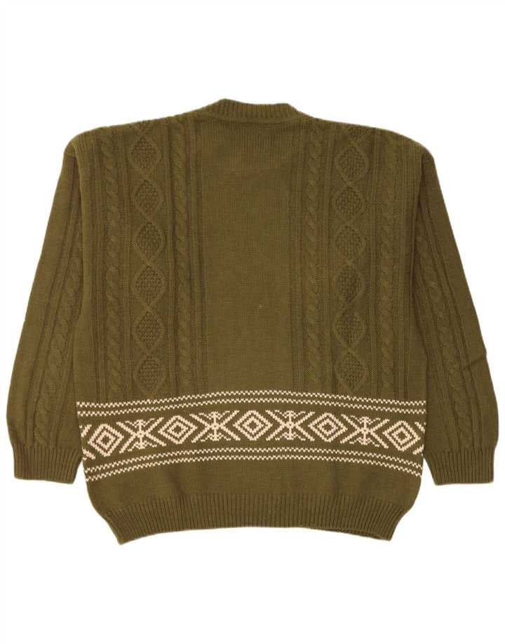 Lemon Mens Crew Neck Jumper Sweater XL Khaki Fair Isle Wool