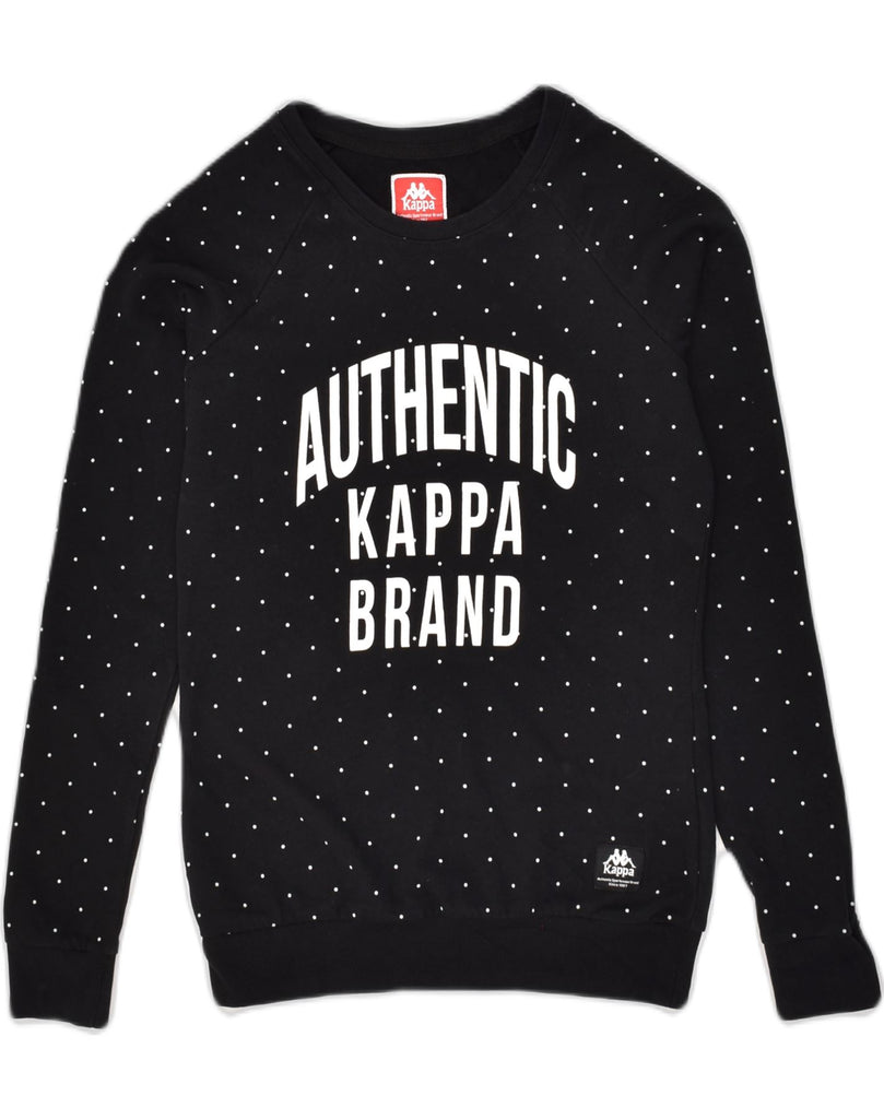 KAPPA Womens Graphic Sweatshirt Jumper UK 6 XS Black Spotted Cotton | Vintage Kappa | Thrift | Second-Hand Kappa | Used Clothing | Messina Hembry 