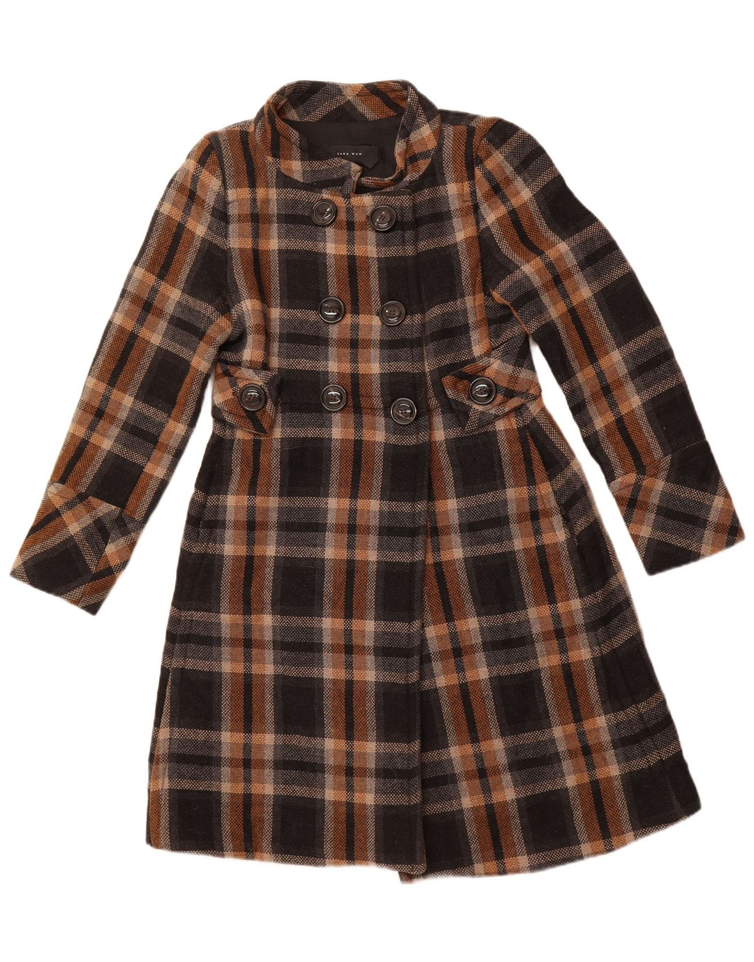 ZARA Womens Double Breasted Coat UK 14 Large Black Check Acrylic