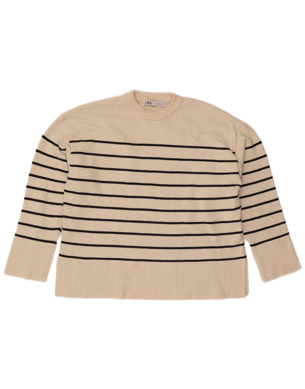 Zara Womens Crew Neck Jumper Sweater UK 14 Medium Off White Striped Viscose