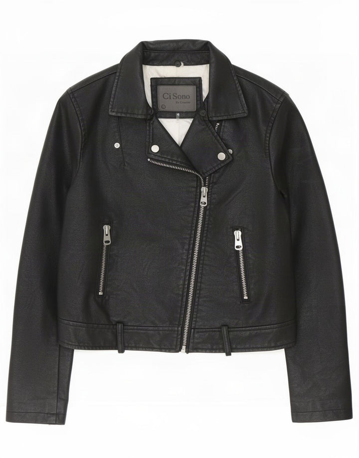 Cavalini Womens Faux Leather Biker Jacket UK 16 Large Black Polyethylene