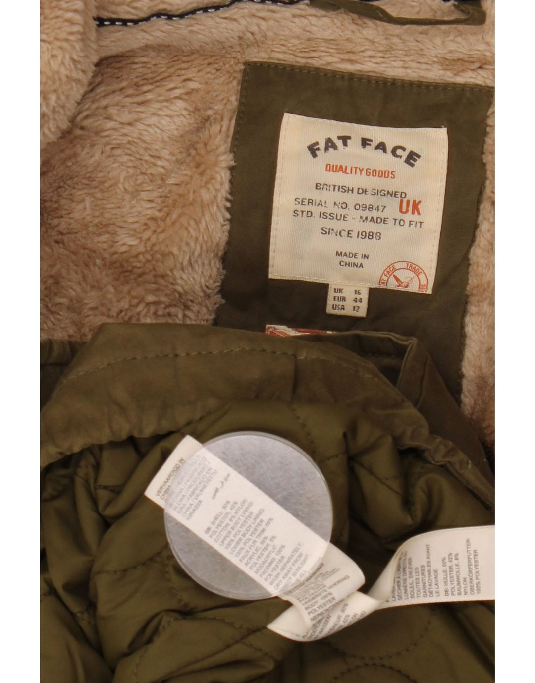 FAT FACE Womens Hooded Parka Jacket UK 16 Large Khaki Polyester
