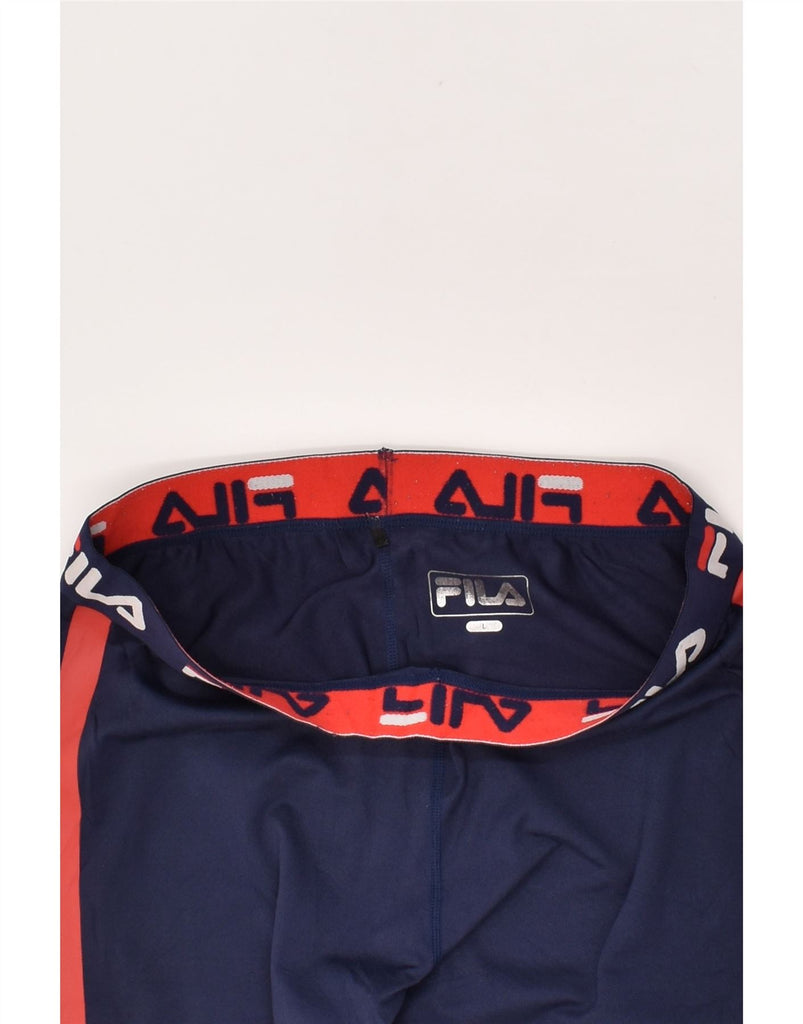 FILA Womens Graphic Leggings UK 14 Large Navy Blue | Vintage Fila | Thrift | Second-Hand Fila | Used Clothing | Messina Hembry 