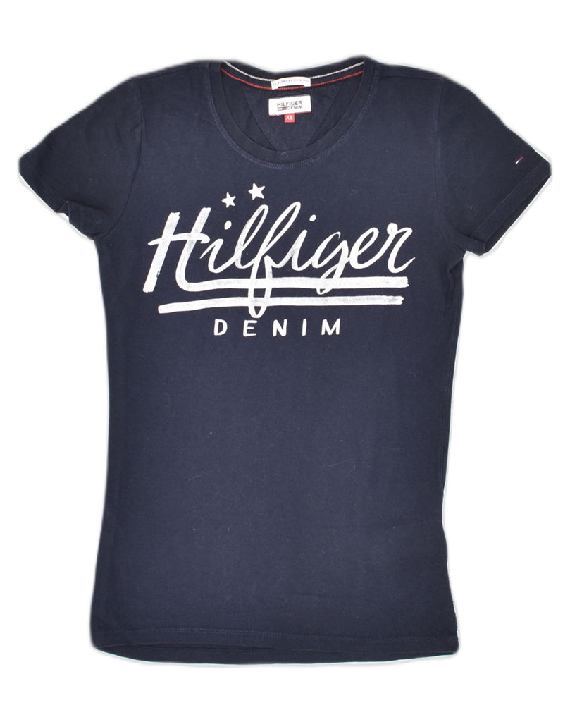 TOMMY HILFIGER Womens Graphic T-Shirt Top UK 4 XS Navy Blue Cotton | Vintage Tommy Hilfiger | Thrift | Second-Hand Tommy Hilfiger | Used Clothing | Messina Hembry 