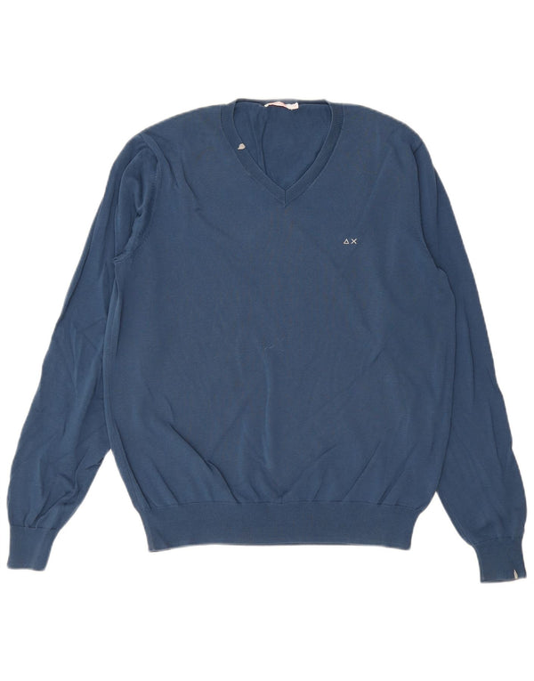Sun68 Mens V-Neck Jumper Sweater Large Blue Cotton Classic