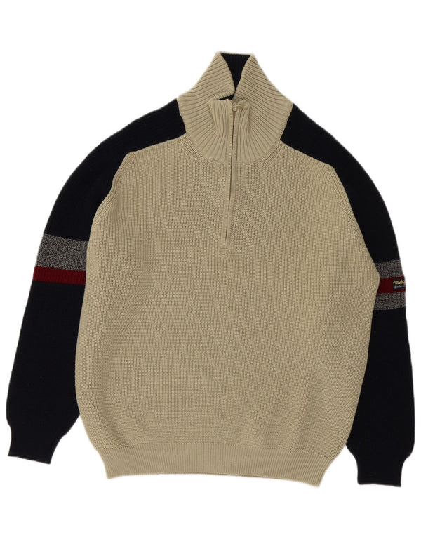 Navigare Mens Zip Neck Jumper Sweater Medium Beige Colourblock Virgin Wool
