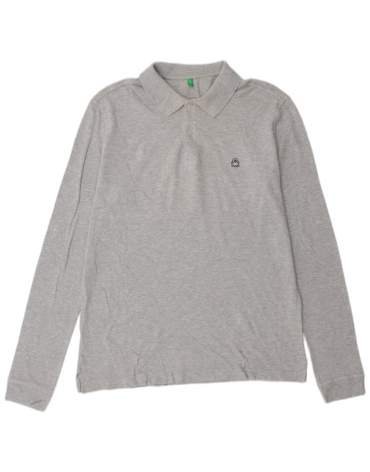Benetton Mens Long Sleeve Polo Shirt Large Grey Cotton
