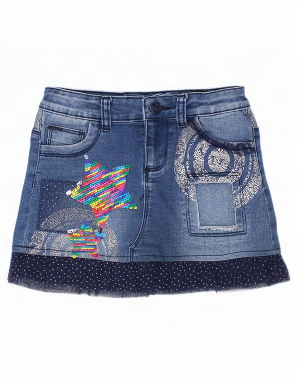 Desigual Girls Graphic Denim Skirt 7-8 Years W22 Blue Patchwork Cotton