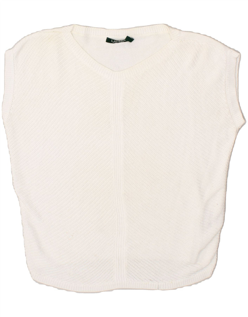 RALPH LAUREN Womens Short Sleeve V-Neck Jumper Sweater UK 10 Small White | Vintage Ralph Lauren | Thrift | Second-Hand Ralph Lauren | Used Clothing | Messina Hembry 