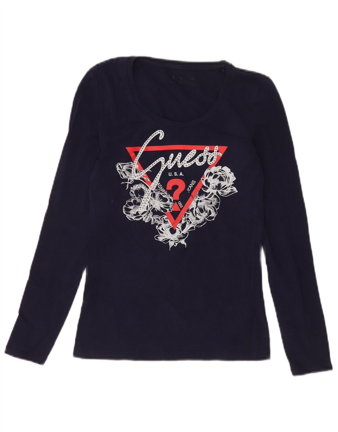 Guess Womens Graphic Top Long Sleeve UK 4 XS Navy Blue