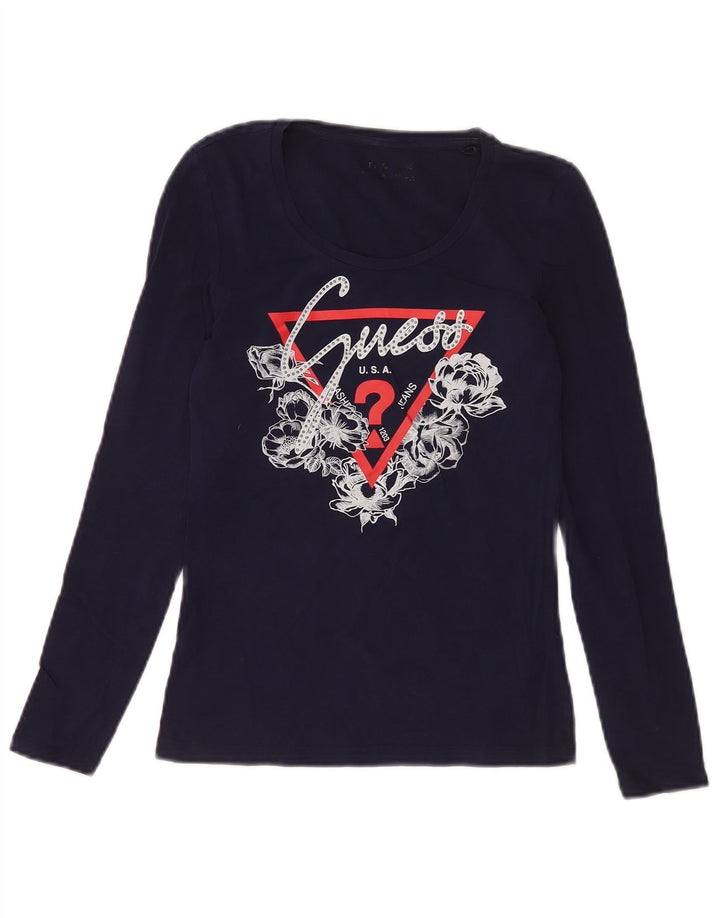 Guess Womens Graphic Top Long Sleeve UK 4 XS Navy Blue