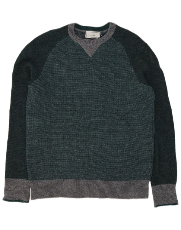 John Lewis Mens Crew Neck Jumper Sweater Small Green Colourblock Lambswool