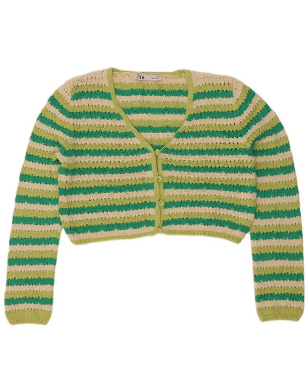 Zara Womens Crop Cardigan Sweater UK 16 Large Green Striped Cotton