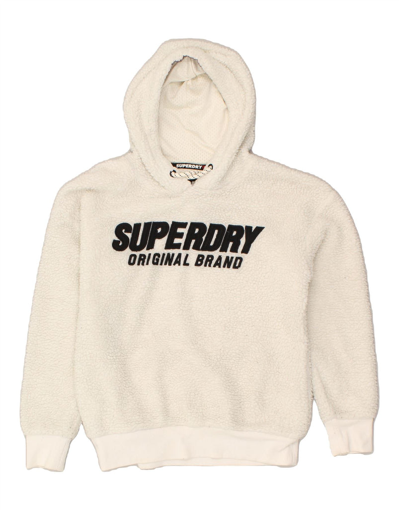 SUPERDRY Womens Hooded Fleece Jumper UK 12 Medium White Polyester | Vintage Superdry | Thrift | Second-Hand Superdry | Used Clothing | Messina Hembry 