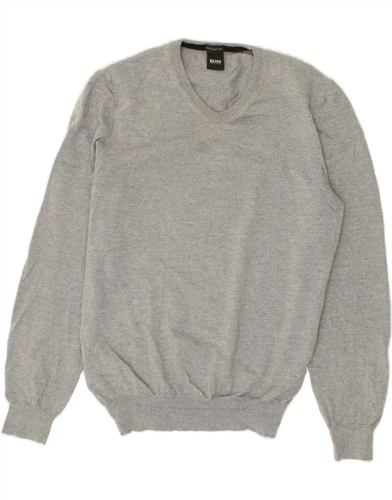 HUGO BOSS Mens V-Neck Jumper Sweater Large Grey Virgin Wool | Vintage Hugo Boss | Thrift | Second-Hand Hugo Boss | Used Clothing | Messina Hembry 