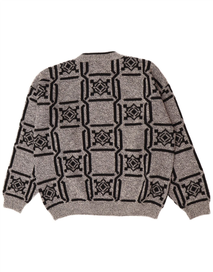 Stefanel Mens Crew Neck Jumper Sweater Large Grey Geometric Wool