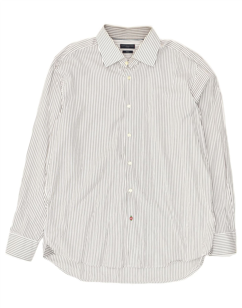 TOMMY HILFIGER Mens Fitted Shirt Size 17 1/2 44 XL White Pinstripe Cotton | Vintage Tommy Hilfiger | Thrift | Second-Hand Tommy Hilfiger | Used Clothing | Messina Hembry 