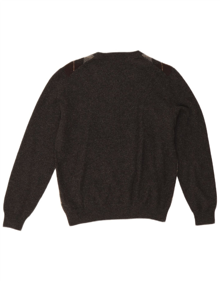 Massimo Dutti Mens V-Neck Jumper Sweater Medium Grey Argyle/Diamond Wool